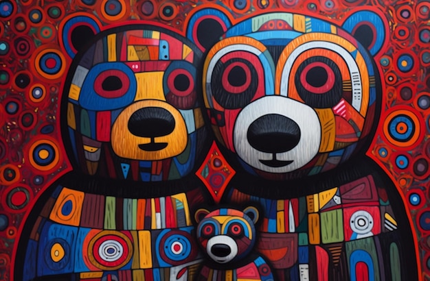 Peinture de deux ours avec un fond rouge et un ours noir ai génératif
