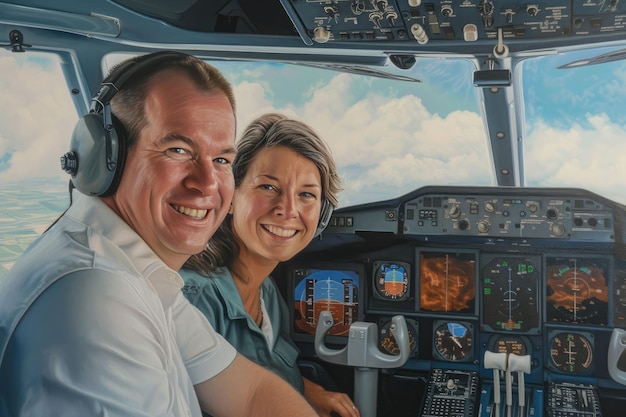 une peinture de deux personnes dans le cockpit d'un avion