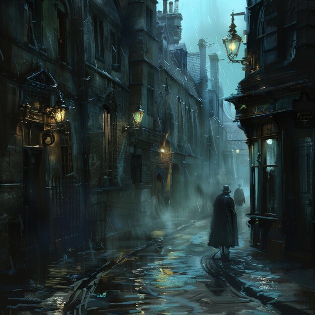 une peinture de deux personnes debout dans la pluie avec une lampe de rue allumée