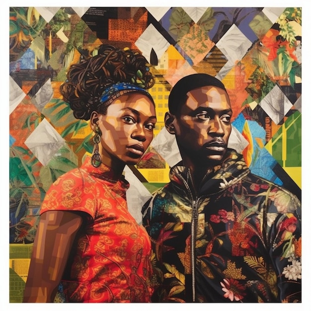 une peinture de deux personnes et d'une femme avec un fond coloré.