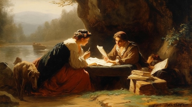 Une peinture de deux personnes lisant une lettre.