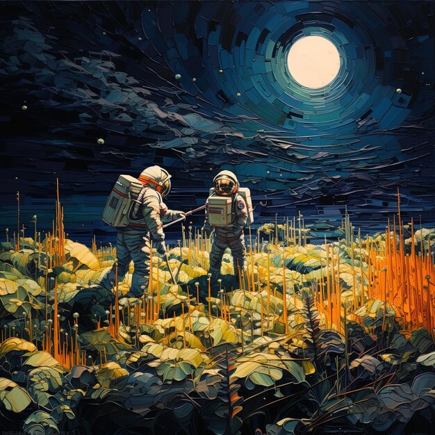 une peinture de deux personnes avec une lune en arrière-plan