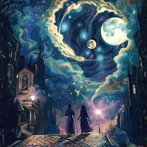 une peinture de deux personnes sur une rue avec la lune en arrière-plan