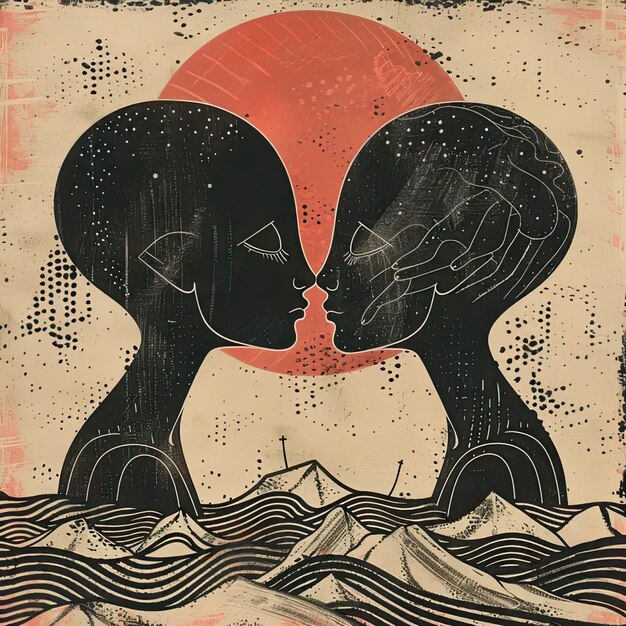 Une peinture de deux personnes s'embrassant devant un soleil rouge