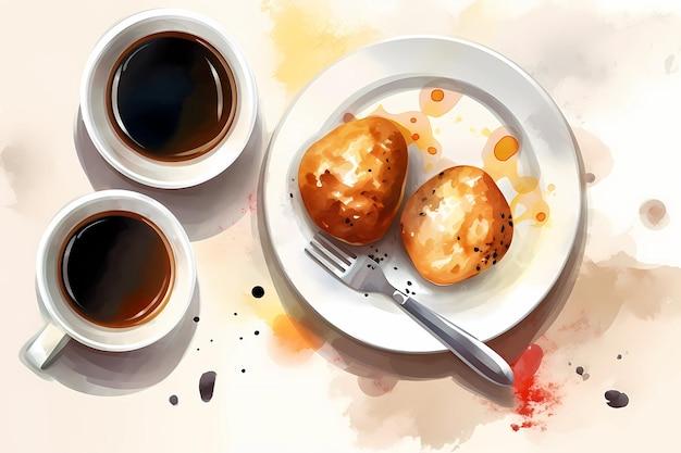 Une peinture de deux petits muffins sur une assiette avec deux tasses à café.