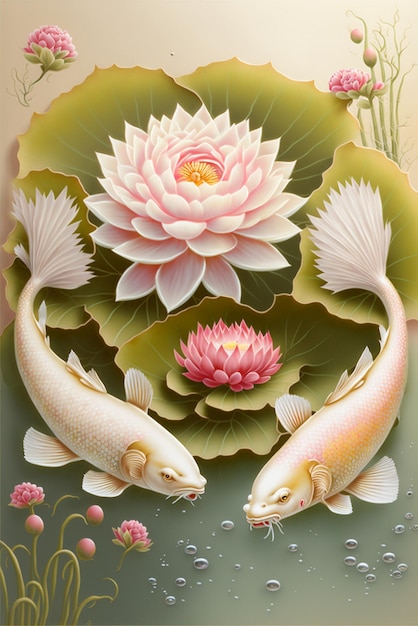 Peinture de deux poissons koi et d'une ai générative de fleur de lotus