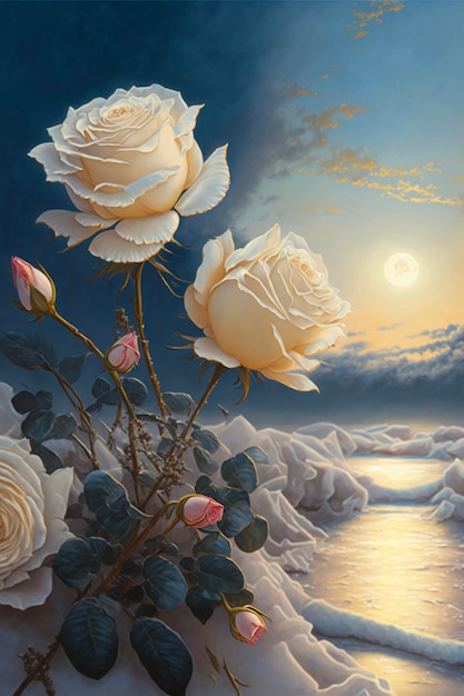 Peinture de deux roses blanches à côté d'un plan d'eau ai génératif