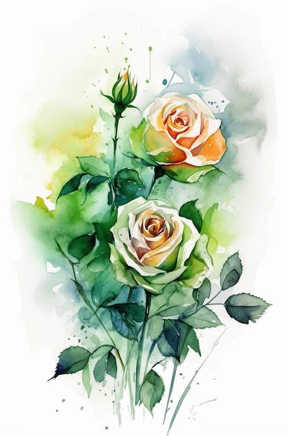 Une peinture de deux roses avec des feuilles vertes et le mot roses dessus.