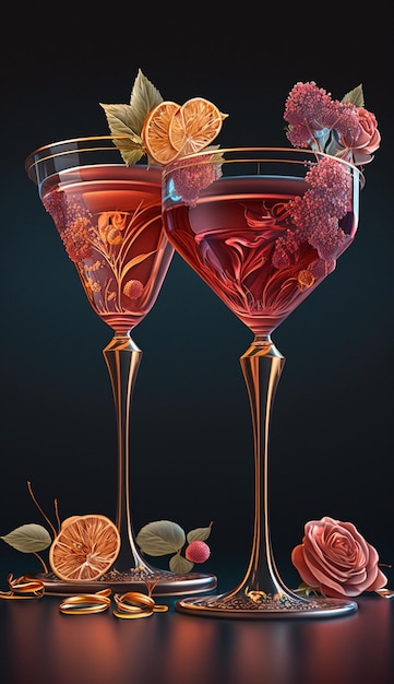 Une peinture de deux verres de vin avec des roses sur le fond.