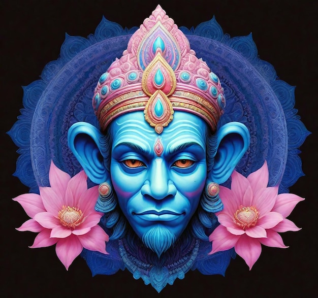 Photo une peinture d'un dieu avec un visage bleu et des fleurs