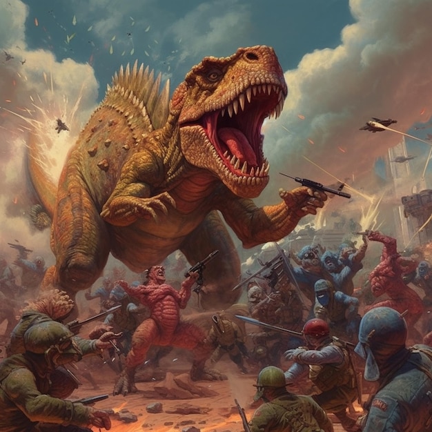 Une peinture d'un dinosaure attaquant une bataille avec un homme tenant des fusils.