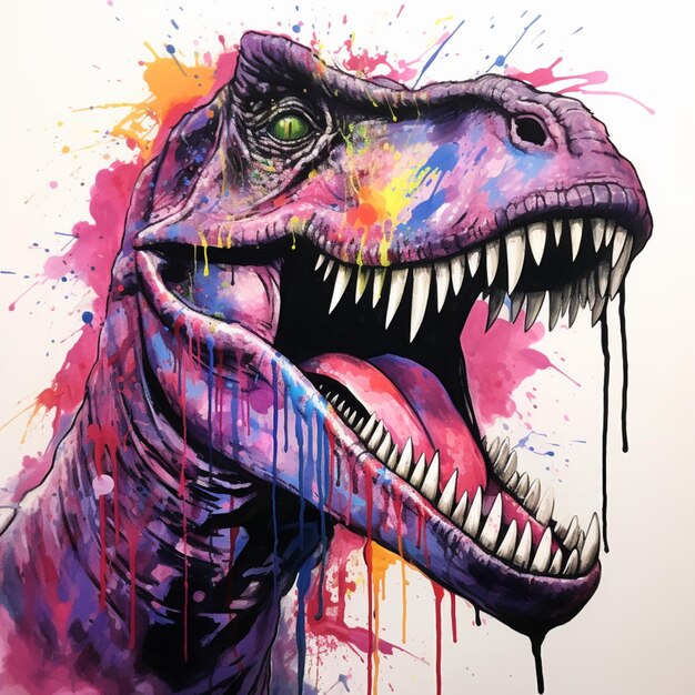 une peinture d'un dinosaure avec une bouche violette et le mot dinosaure dessus