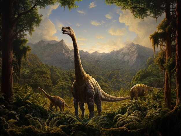 une peinture de dinosaures dans la forêt avec des montagnes en arrière-plan