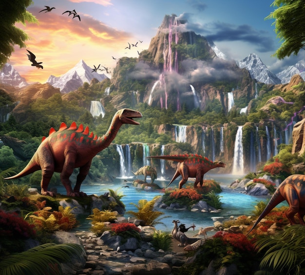 Photo une peinture de dinosaures dans une jungle avec une cascade en arrière-plan générée par l'ia