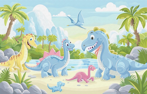 une peinture de dinosaures avec un oiseau volant en arrière-plan