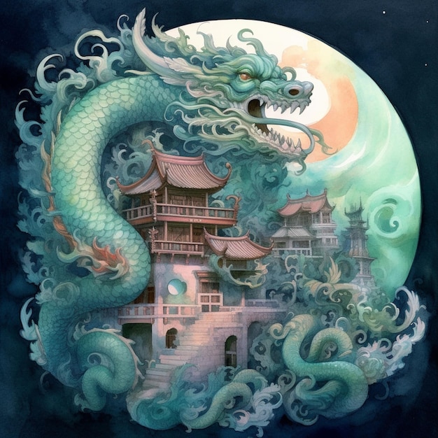 Peinture d'un dragon avec un bâtiment en arrière-plan