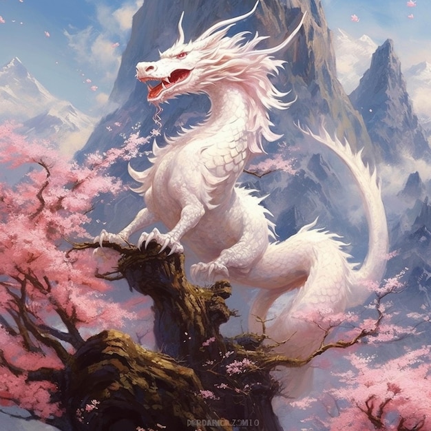 Peinture d'un dragon blanc sur une branche d'arbre devant une ai générative de montagne