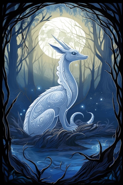 Une peinture d'un dragon blanc avec une pleine lune en arrière-plan.