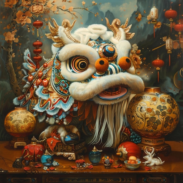 une peinture d'un dragon chinois chinois avec un dragon dessus