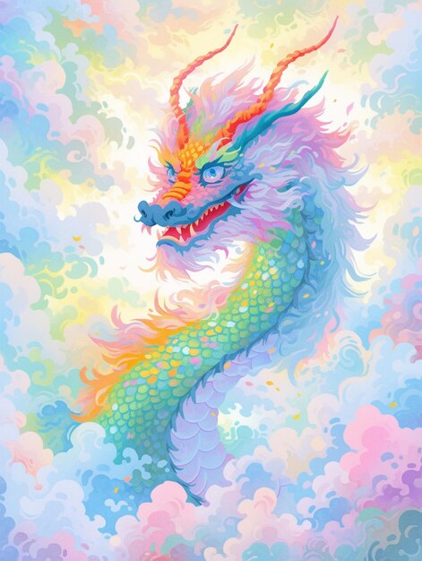 peinture d'un dragon coloré dans les nuages ai génératif