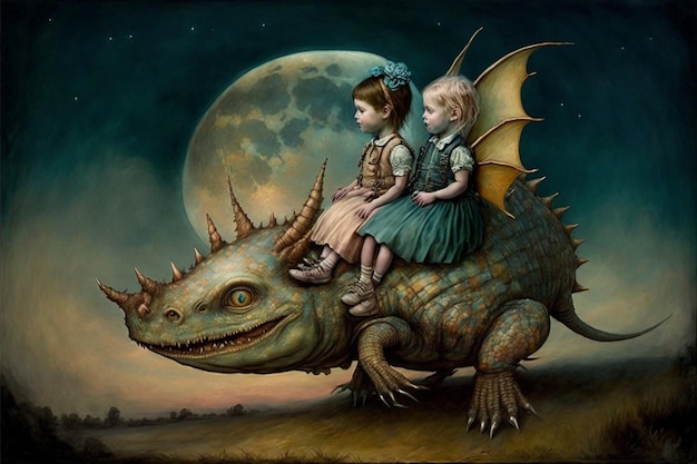 Une peinture d'un dragon avec une fille dessus