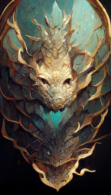 Une peinture d'un dragon avec un fond bleu et les mots " le dragon " sur le devant.