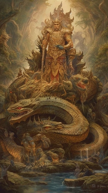 Une peinture d'un dragon avec un homme dessus