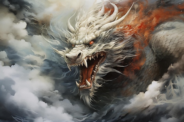 peinture d'un dragon avec un œil rouge et un visage blanc