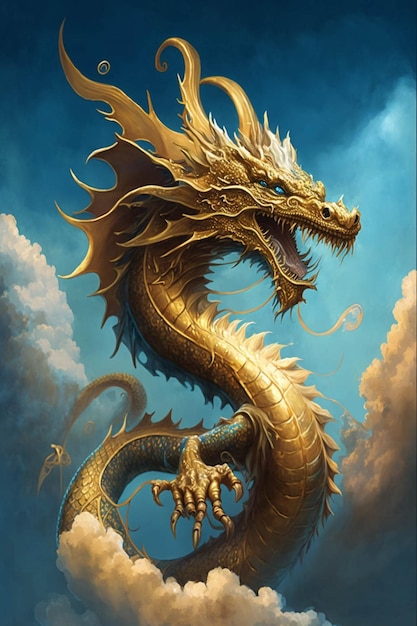 Peinture d'un dragon d'or dans les nuages ai générative