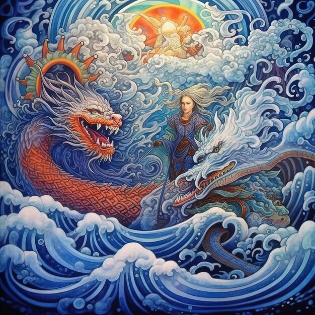 une peinture d'un dragon et d'une sirène dans l'eau