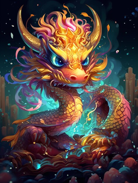 une peinture d'un dragon avec une tête jaune vif et une queue bleue