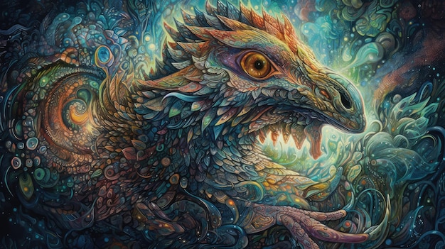 Une peinture d'un dragon avec une tête verte et un fond bleu.