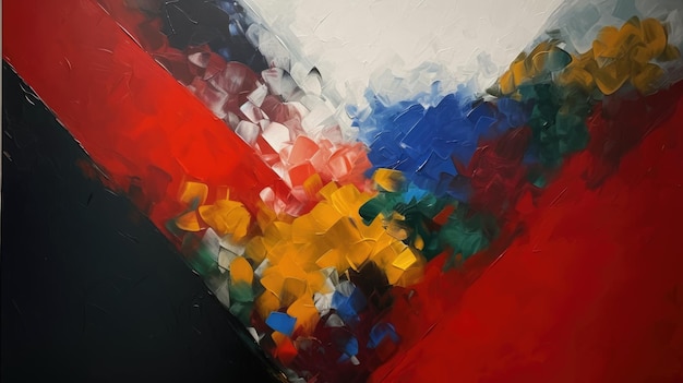 Une peinture d'un drapeau rouge, bleu et jaune.