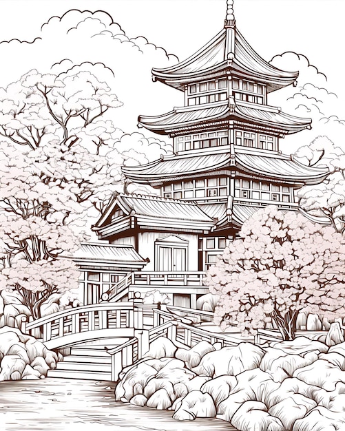 Peinture du château et du jardin japonais