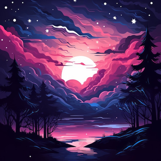 une peinture du ciel nocturne avec une rivière et des arbres