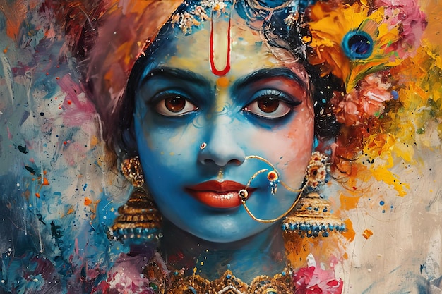 Photo peinture du dieu hindou petit visage de krishna