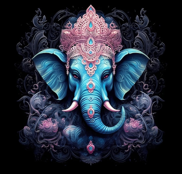 Peinture du dieu indien Ganesh bleu sur un fond noir