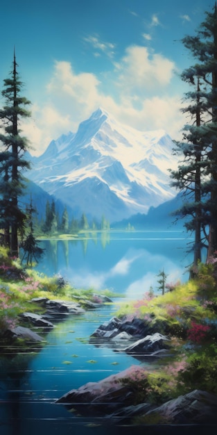 Peinture du lac et de la montagne dans le style de Jim Burns