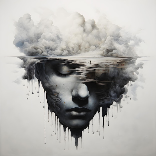 Une peinture du visage d'une femme avec le mot nuage dessus.