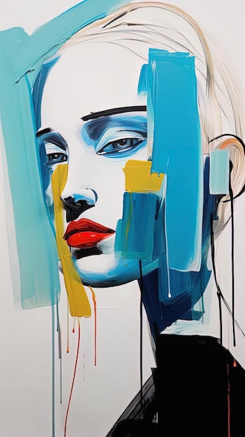 Une peinture du visage d'une femme avec une peinture bleue et jaune.