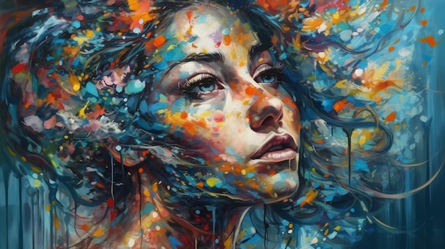 Une peinture du visage d'une femme avec de la peinture colorée et des sprays.