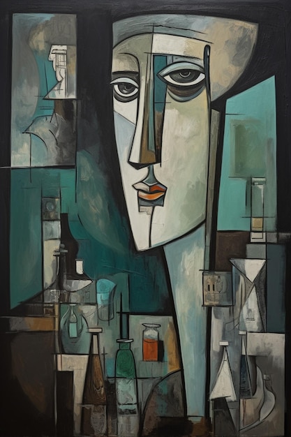 Une peinture du visage d'un homme avec beaucoup de bouteilles et une bouteille d'alcool.