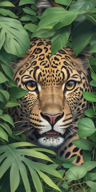 Une peinture du visage d'un jaguar en feuilles vertes