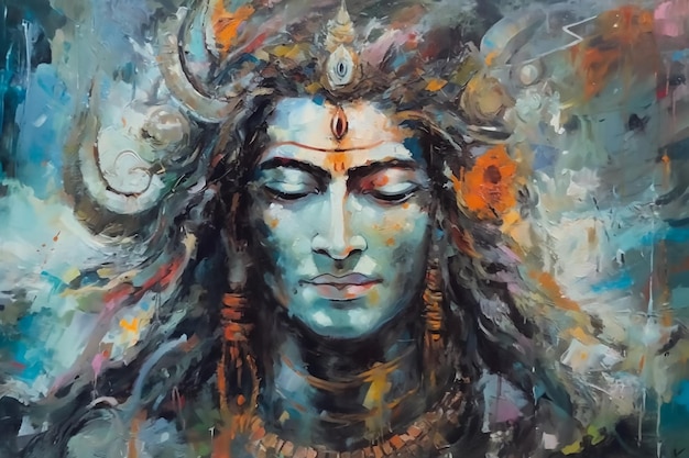 Une peinture du visage de Shiva avec les yeux fermés