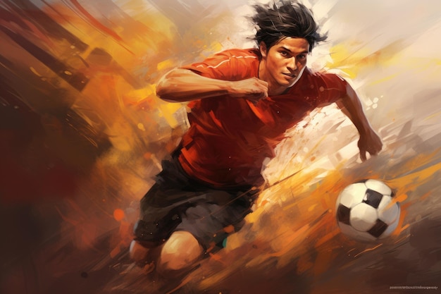 Une peinture dynamique capturant le moment intense d'un homme frappant un ballon de football Joueur de football en action Courir avec un ballon généré par l'IA
