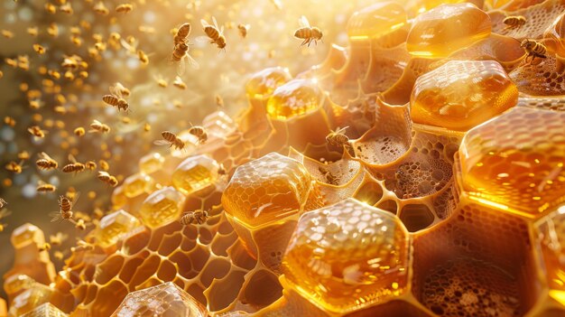 Peinture dynamique représentant une ruche d'abeilles animée contre un jaune vibrant