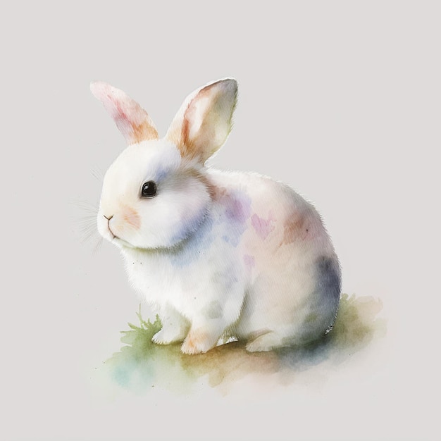 Une peinture à l'eau d'un lapin assis sur l'herbe.