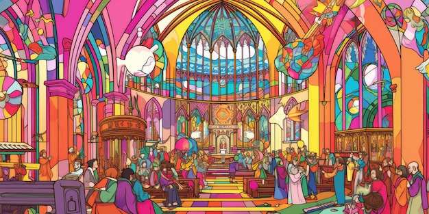 Une peinture d'une église remplie de beaucoup de monde