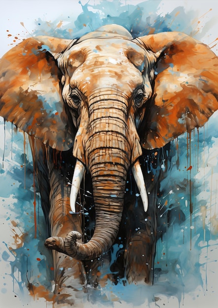 Peinture d'un éléphant avec des défenses et des défenses avec un fond bleu