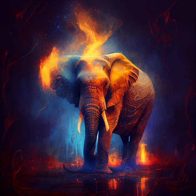 Une peinture d'un éléphant avec une flamme dessus